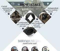 Unisex electronic shooting ear protection set in its packaging, showing product features