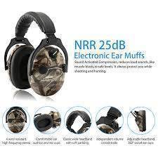 Unisex ear protector set, comprising black electronic earmuffs and clear ballistic eye protection