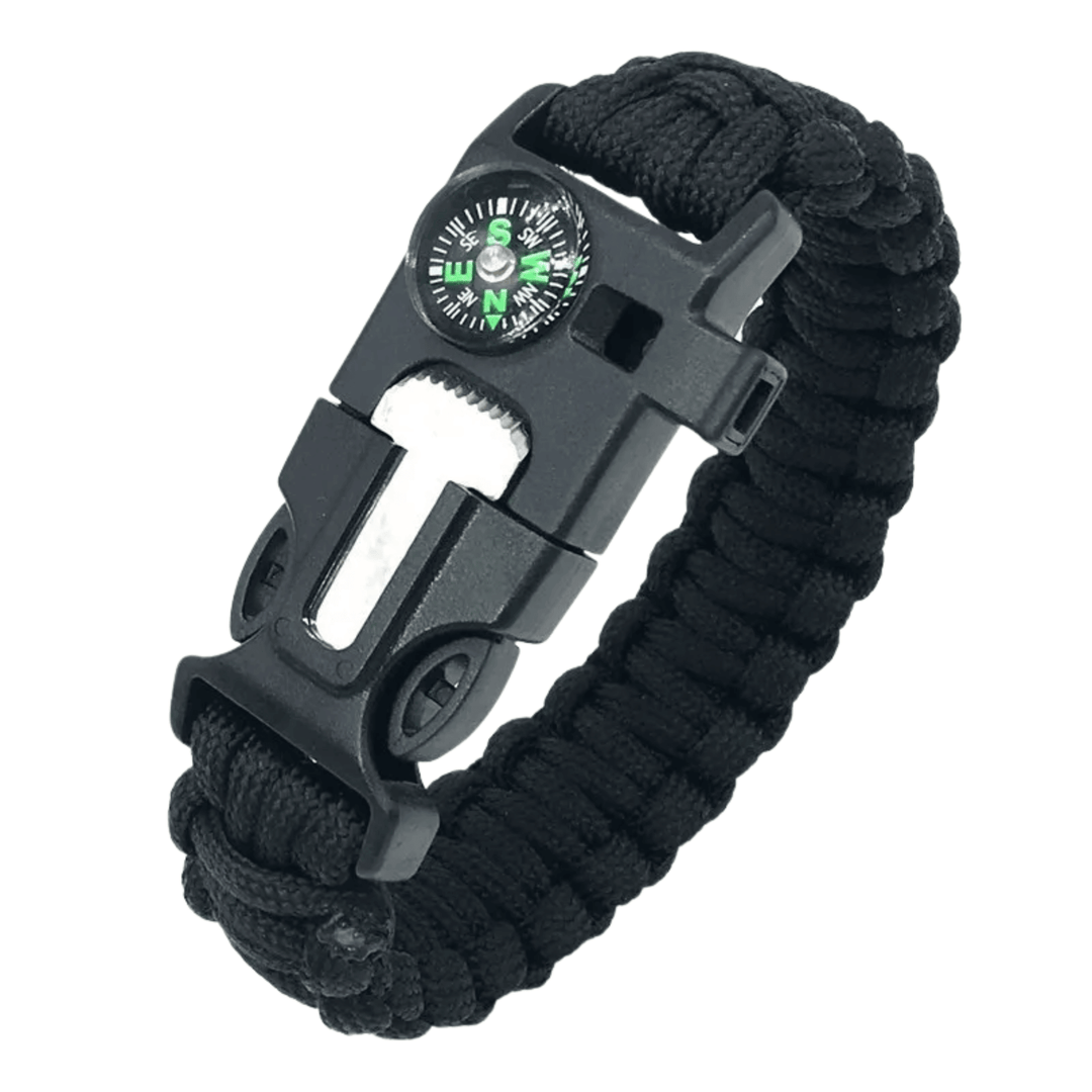 Unisex emergency paracord survival bracelet with fire starter, whistle, & compass for outdoor adventure