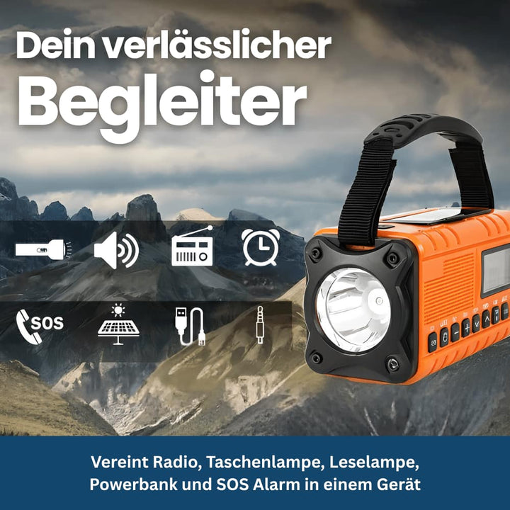 Portable emergency weather radio with built-in flashlight, solar charging, and handcrank power for camping