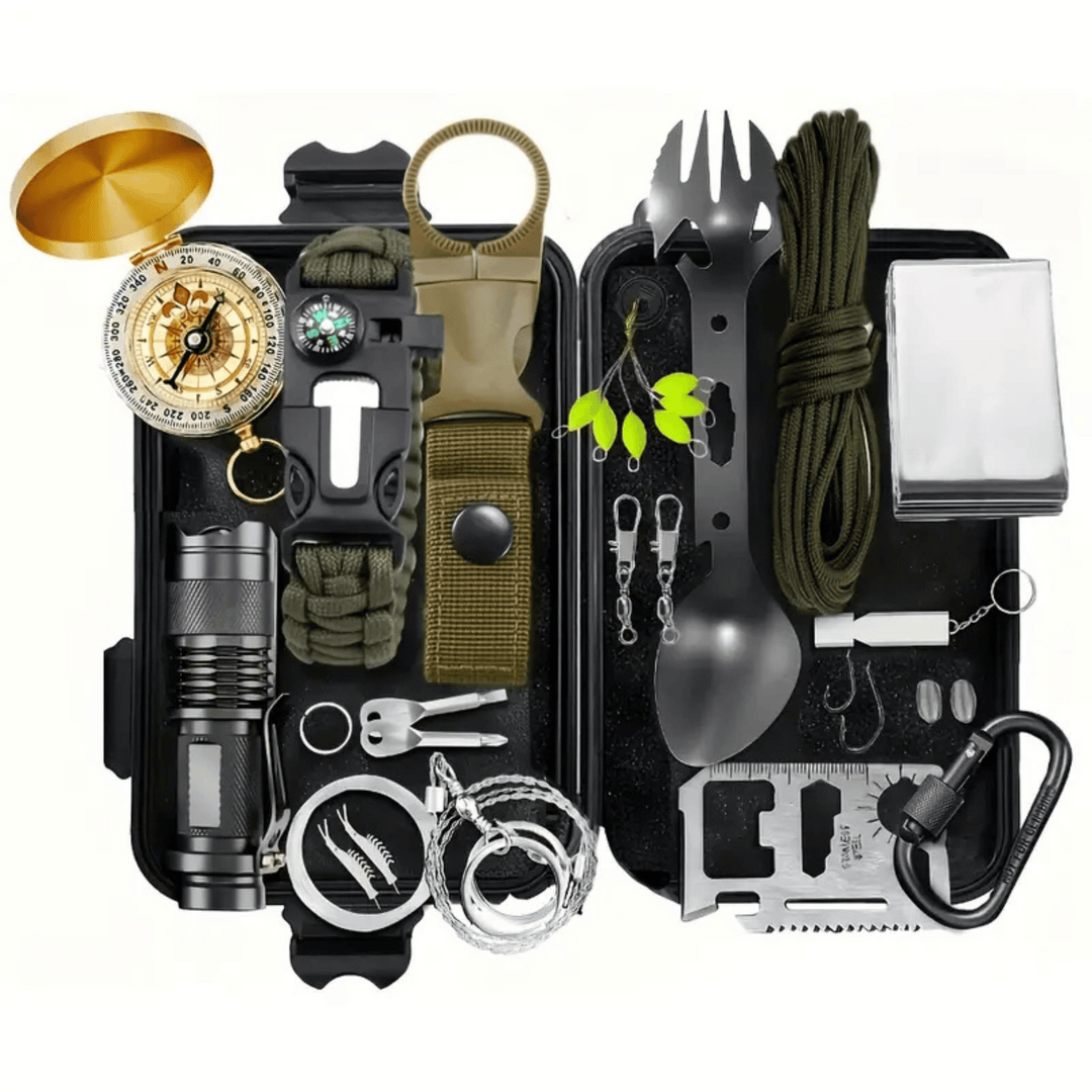Unisex emergency survival kit with multi-tool for camping, hiking, and preparedness
