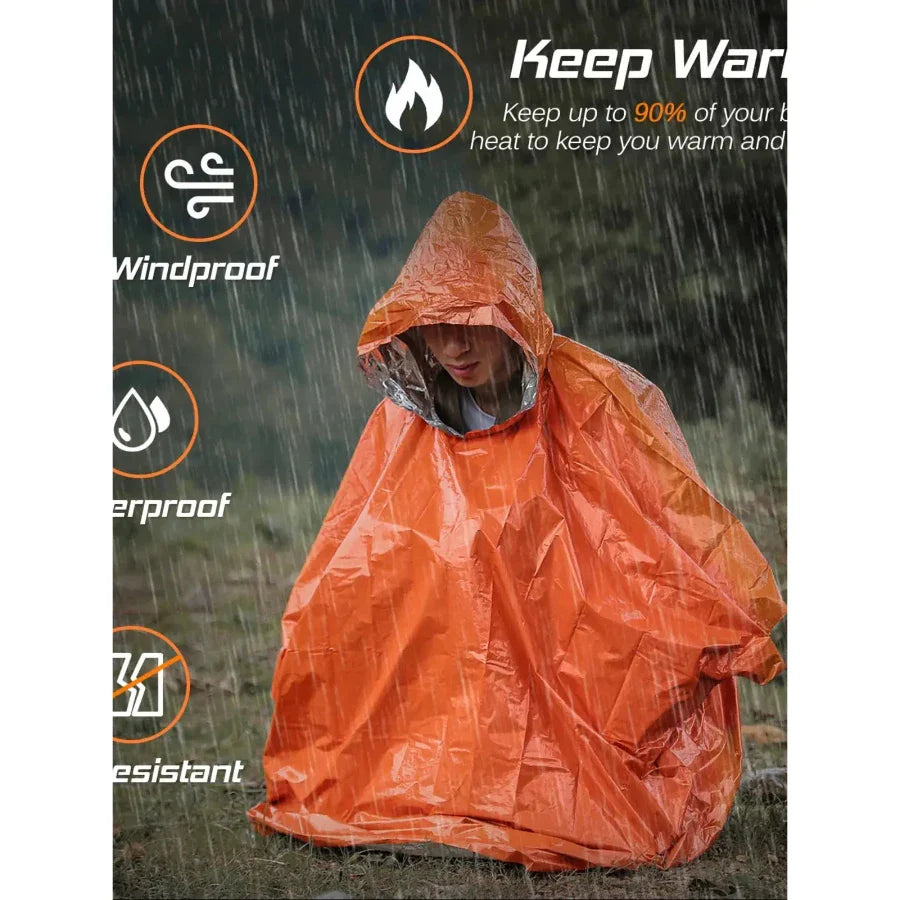 Folded emergency thermal survival poncho in compact packaging, waterproof rain protection