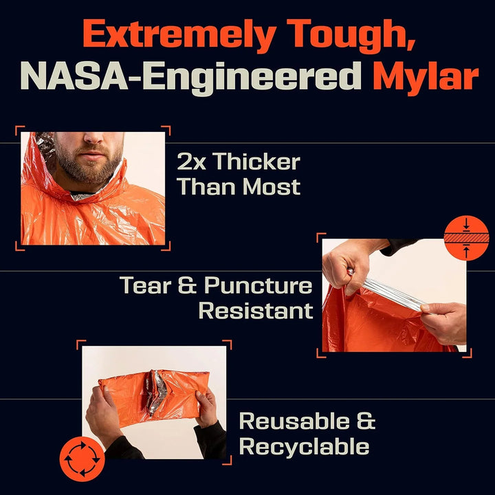 Thermal emergency rain poncho spread out, highlighting reflective Mylar and hood for survival