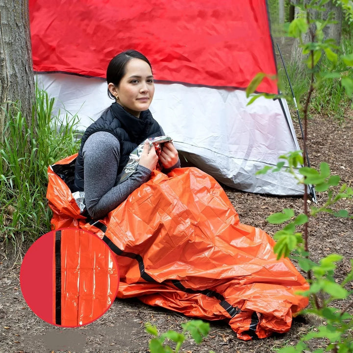 Unisex emergency poncho used as a thermal blanket, ideal for camping and survival gear