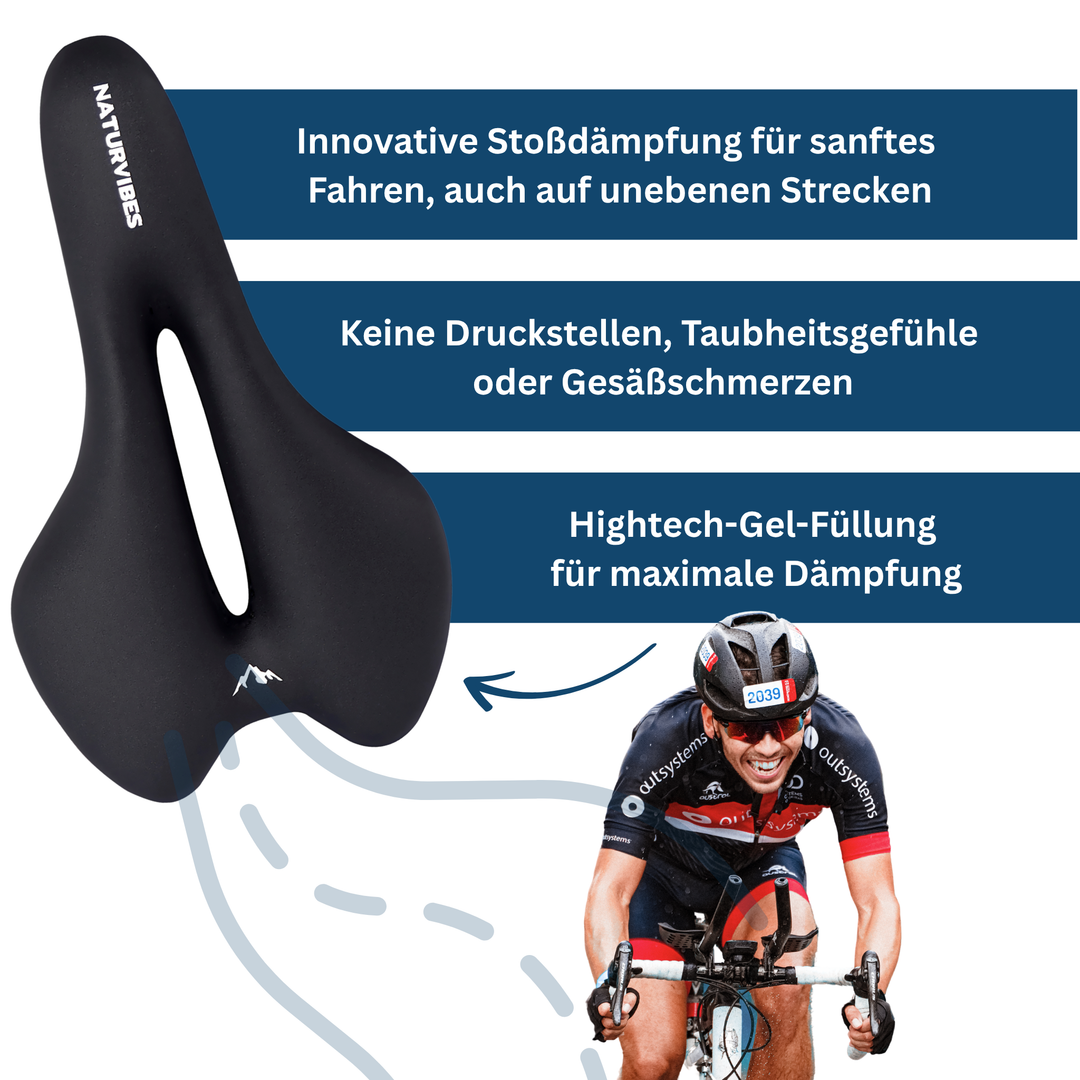 Black unisex ergonomic bicycle saddle with central cut-out, providing comfort for long-distance cycling