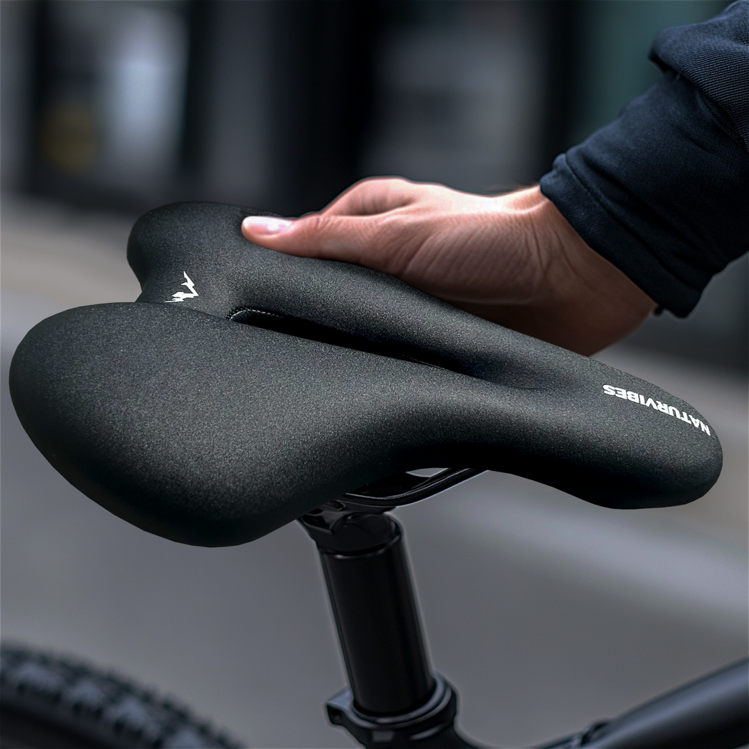 Full view of a black unisex ergonomic sport bike seat, ideal for road and mountain bike enthusiasts