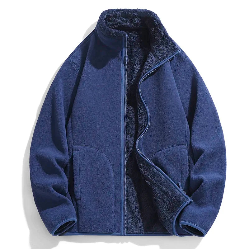 Soft, cozy unisex Everest fleece jacket, full-zip with high collar & pockets, ideal for fall fashion or travel.