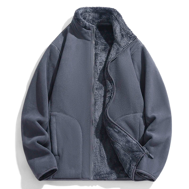 Person wearing a warm Everest full-zip fleece jacket, perfect for winter hikes, travel, or cozy casual wear.