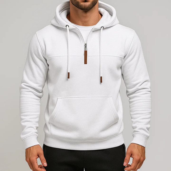 Soft & cozy unisex half-zip hoodie, an essential comfort wear pullover for versatile everyday styling.