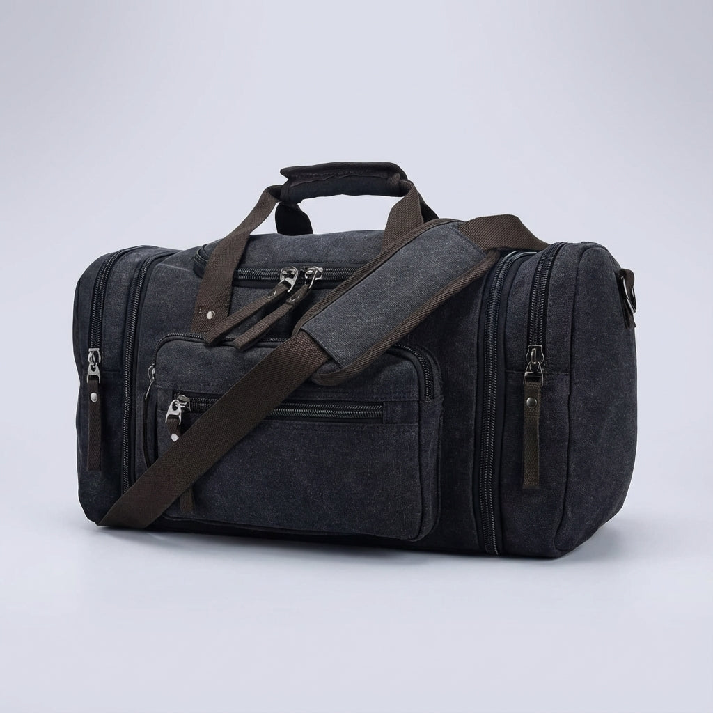 Unisex carry-on canvas duffel bag. Expandable design, ideal durable luggage for weekend travel.