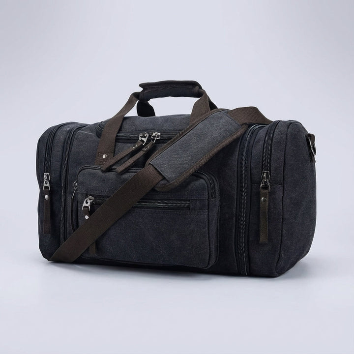 Unisex carry-on canvas duffel bag. Expandable design, ideal durable luggage for weekend travel.