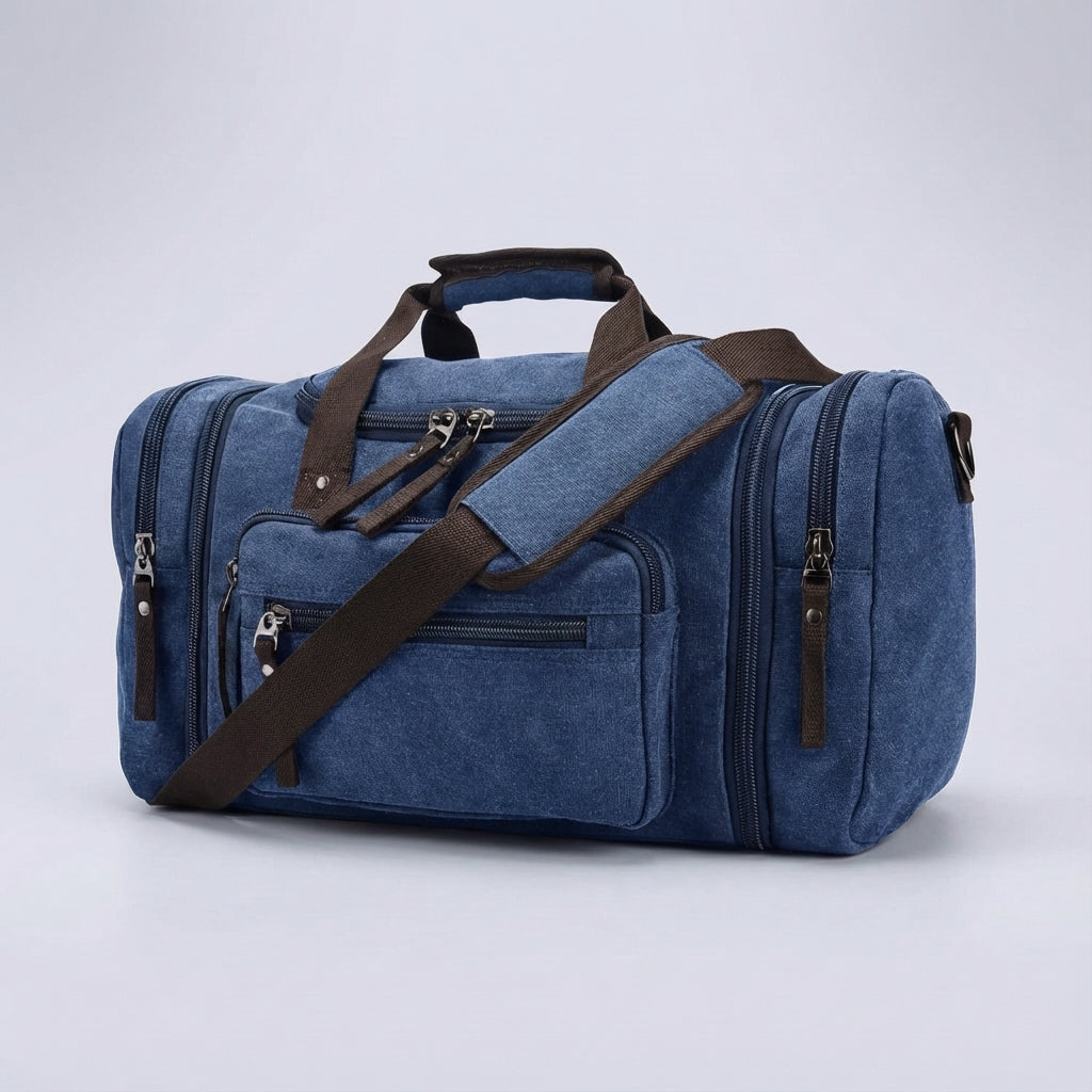 Stylish unisex canvas weekender bag. Expandable duffel for travel, durable & practical carry-on luggage.