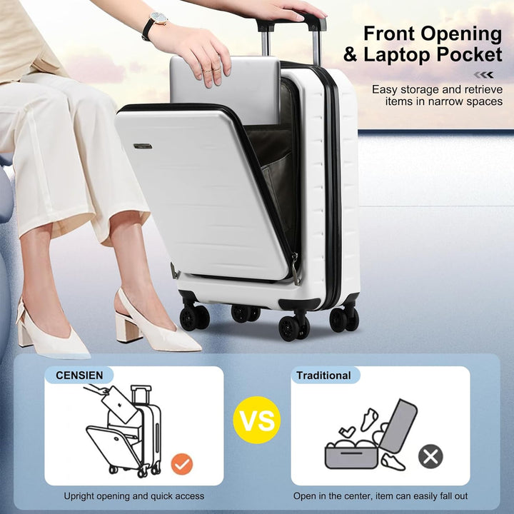 Leisure travel unisex expandable hardshell carry-on, front pocket, TSA lock, easy to maneuver.