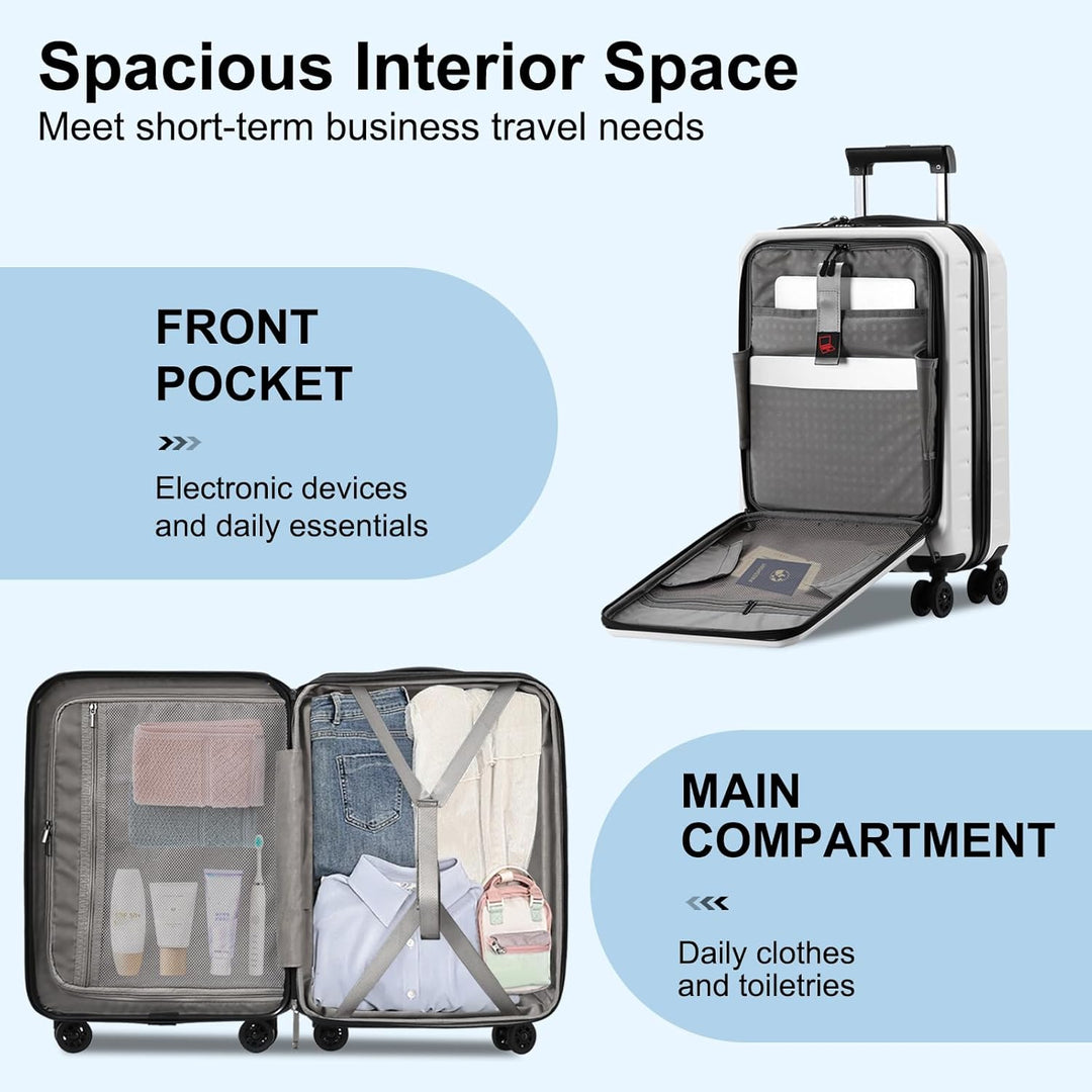 Side view of expandable unisex hardshell carry-on luggage, front pocket & TSA lock feature.