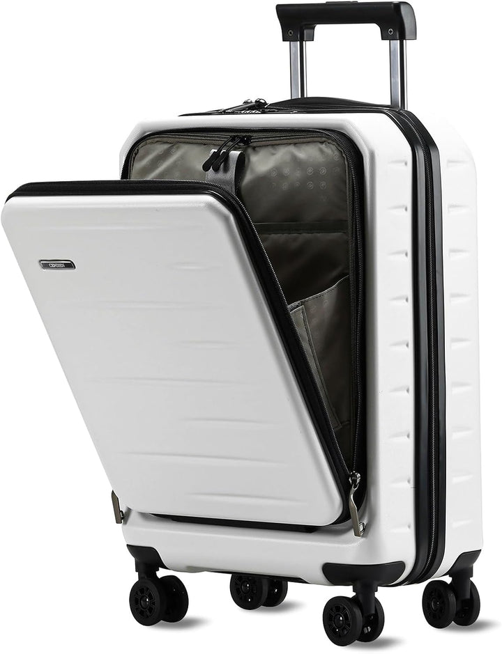 Smooth spinner wheels on unisex expandable hardshell carry-on luggage, front pocket, TSA lock.