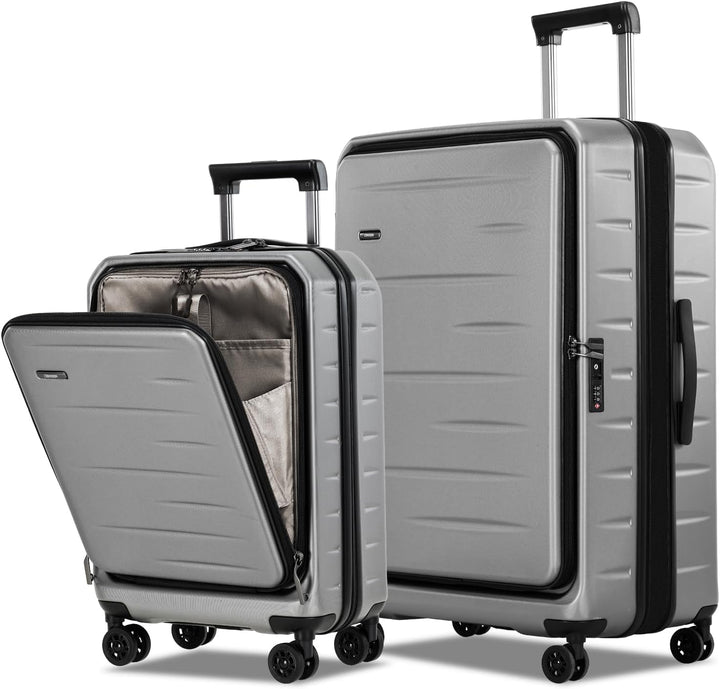 Unisex expandable carry-on at airport, hardshell, front pocket, TSA lock for efficient travel.