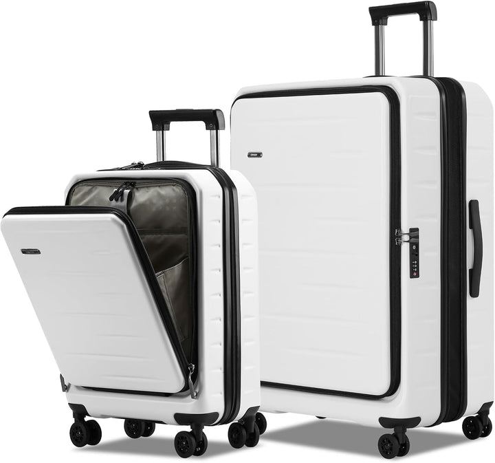 Unisex hardshell carry-on in hotel room, expandable, front pocket, TSA lock convenience.