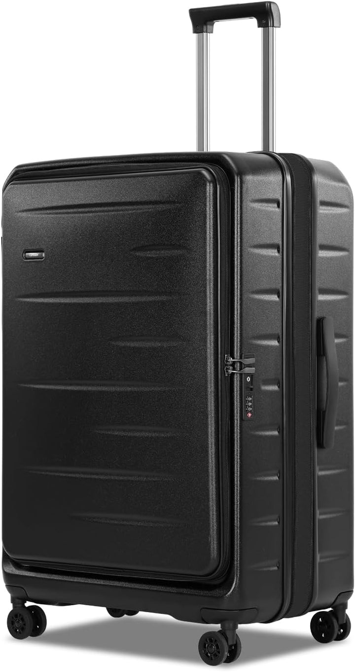 Spacious unisex expandable hardshell carry-on, front pocket, TSA lock, organized interior.