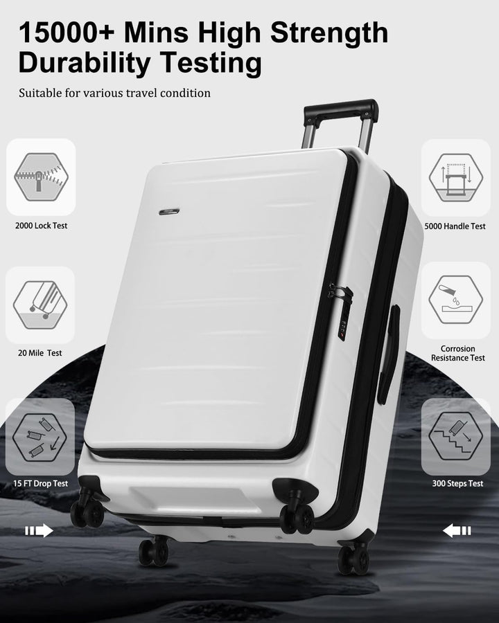 Unisex expandable hardshell carry-on with telescopic handle extended, front pocket, TSA lock.