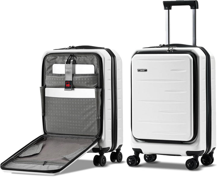 Ergonomic unisex expandable hardshell carry-on, front pocket, TSA lock, smooth handling.