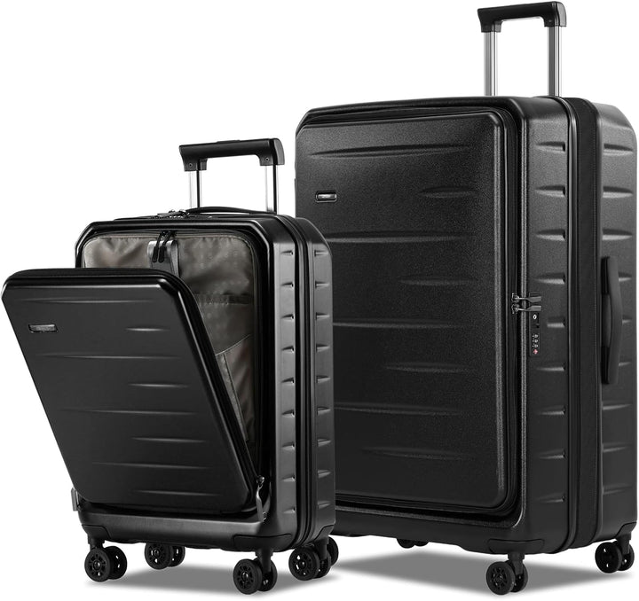 Unisex hardshell carry-on, expanded view, front pocket, TSA lock, ample packing space.