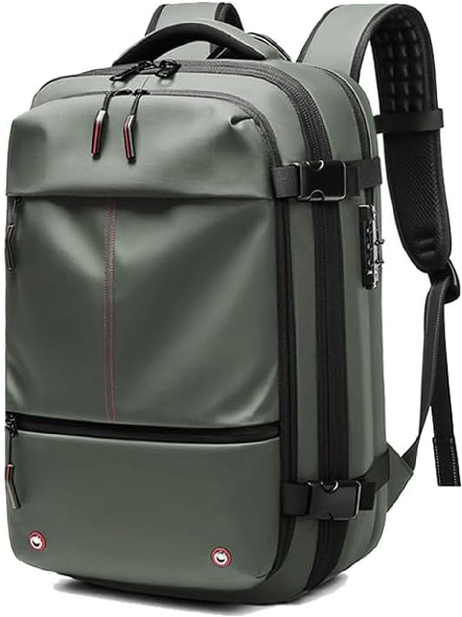 Unisex expandable travel backpack with anti-theft lock and wet compartment.