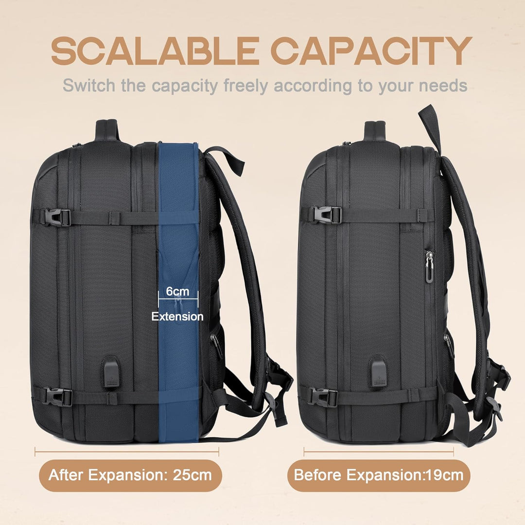 Expandable laptop backpack with USB charging port. Waterproof commuter bag, anti-theft design for safe travel.