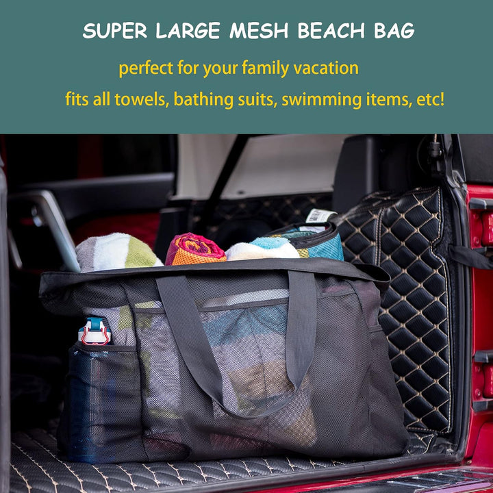 Sandproof mesh beach bag with secure zipper, ideal for family outings. Large capacity travel tote.
