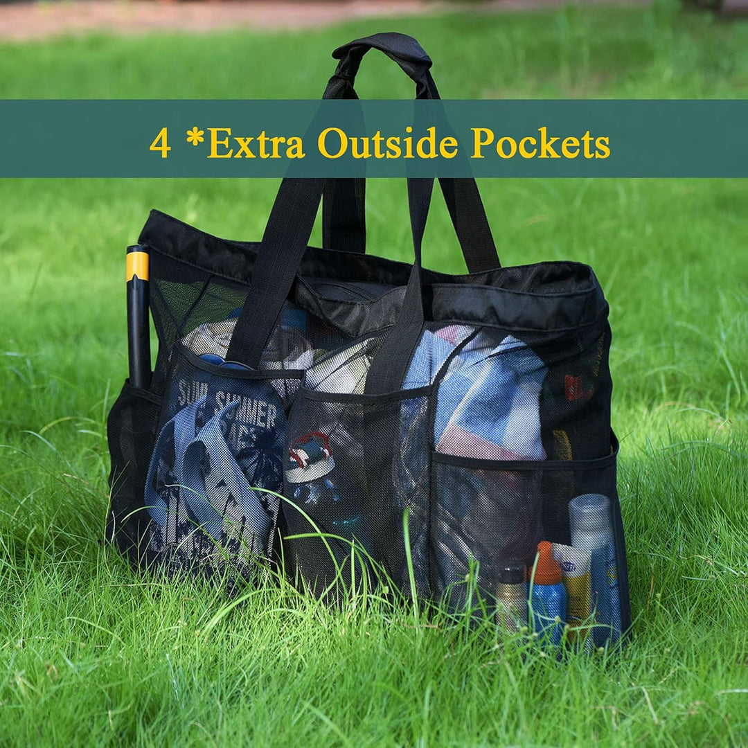 Unpacked sandproof mesh beach tote, showing its spacious interior & durable zippered pockets. Unisex design.