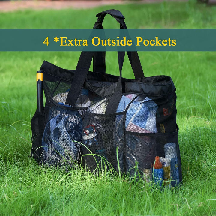 Unpacked sandproof mesh beach tote, showing its spacious interior & durable zippered pockets. Unisex design.