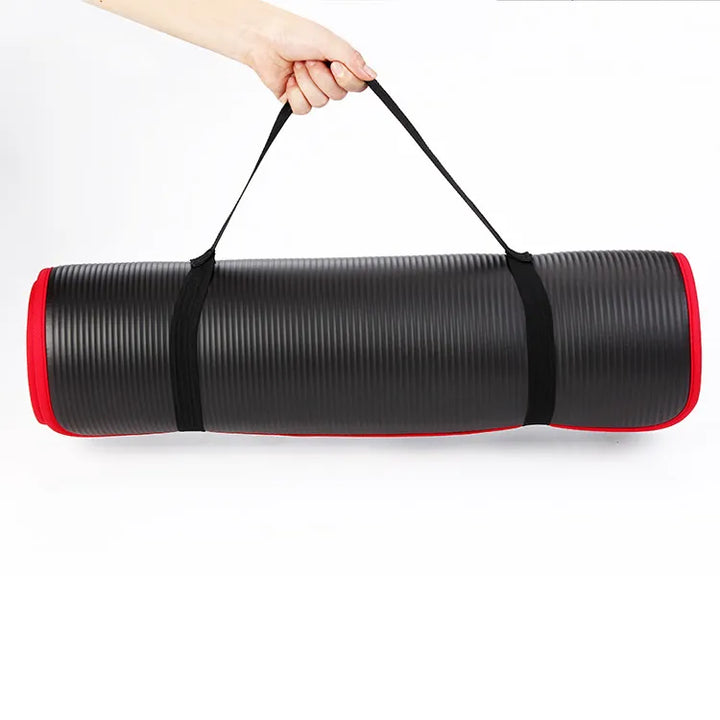 Unisex extra thick anti-slip yoga mat in a studio setting, emphasizing comfort & stability for all fitness levels.