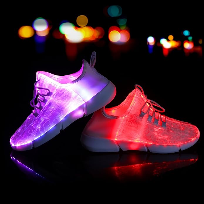 Rechargeable LED fiber optic sneakers. These glowing light up shoes provide a dazzling effect for any party or event.