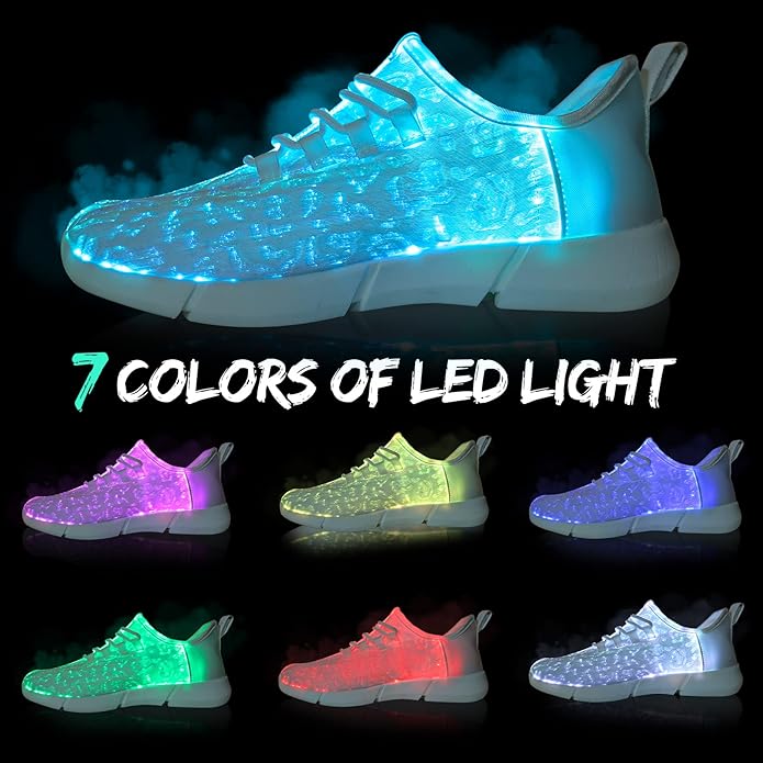 Unique flashing LED fiber optic shoes. Rechargeable light up sneakers for men & women to stand out at parties & clubs.