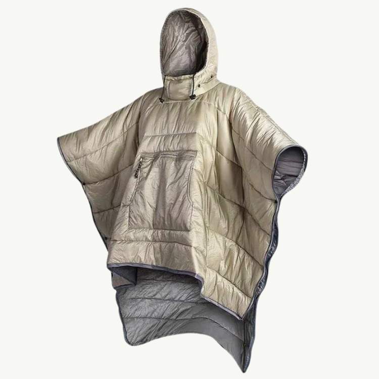 Stylish unisex fleece poncho with hood, designed for outdoor enthusiasts and winter travel gear