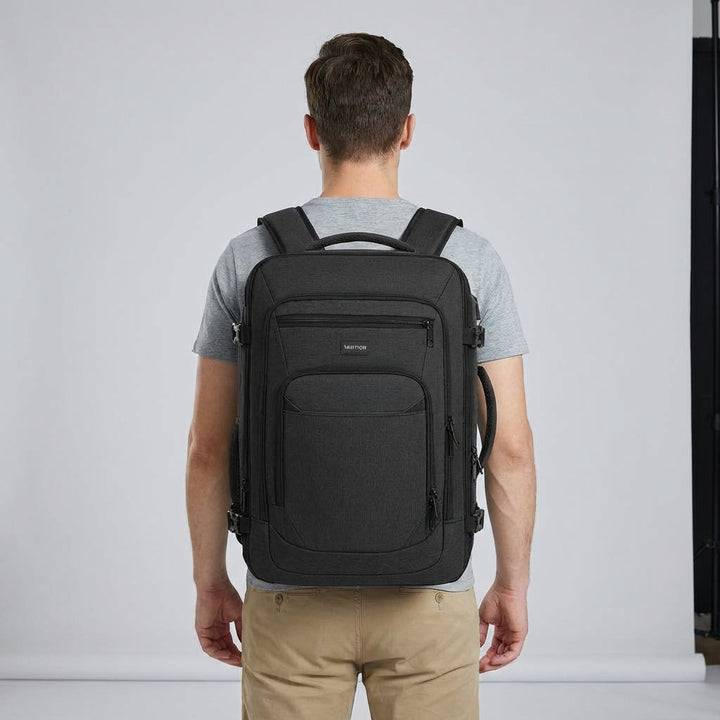 Expandable FlightFold carry-on travel backpack, TSA friendly & waterproof for seamless business trips.
