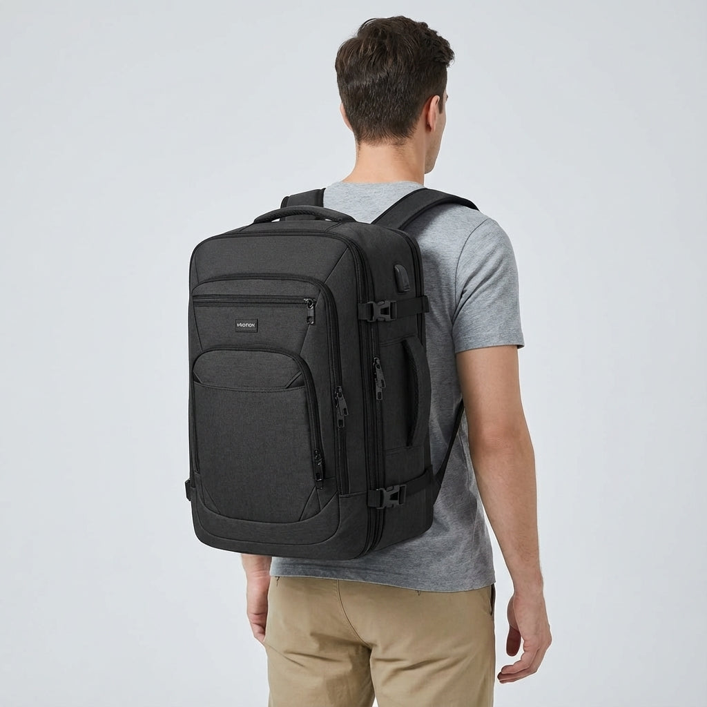 FlightFold unisex waterproof backpack for business & travel. Expandable, carry-on compatible & secure laptop bag.