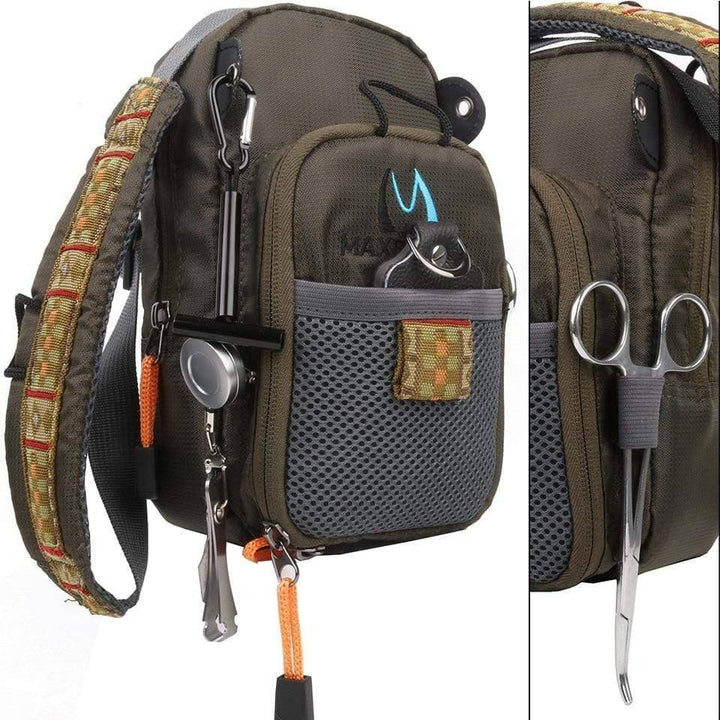 Unisex fly fishing bag with complete tool kit, durable angler gear for outdoor adventures.