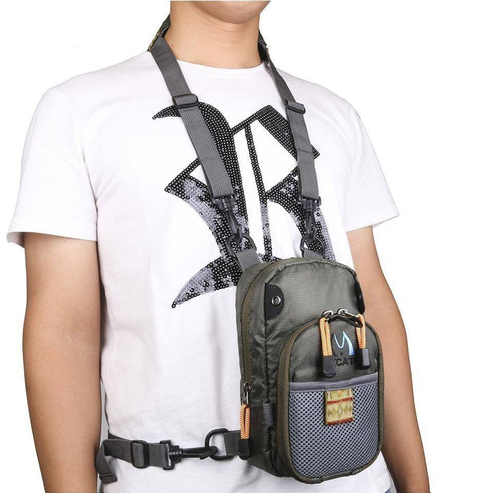 Angler's fly fishing bag with complete tool kit, perfect for organizing fishing gear and essentials.
