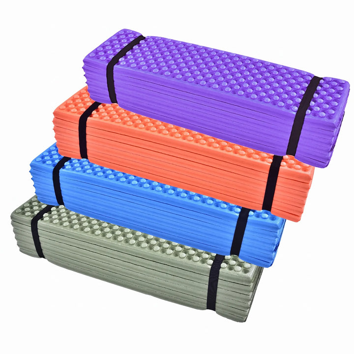 Unfolded closed-cell camping mat offering comfort & insulation for outdoor sleeping. Durable hiking sleeping pad.