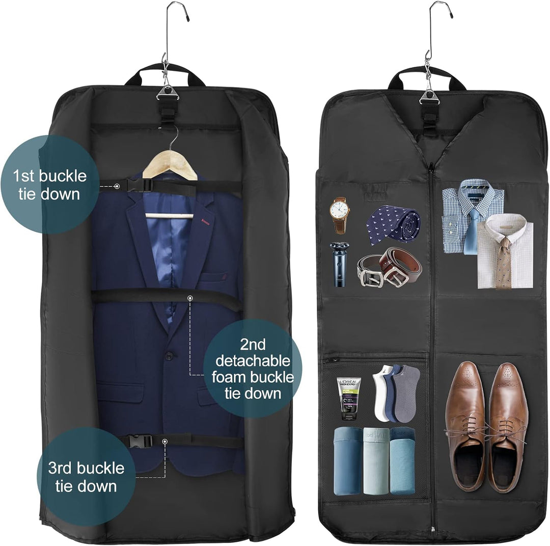 Wrinkle-free travel garment bag organizes suits & dresses. Perfect carry-on for business trips.
