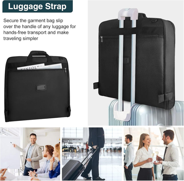 Compact foldable garment bag, carry-on size. Keeps suits wrinkle-free for easy business travel.
