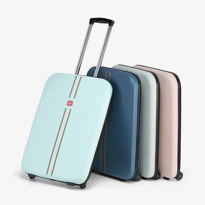 Unisex foldable hard shell rolling suitcase. Compact and durable travel luggage for easy journeys.