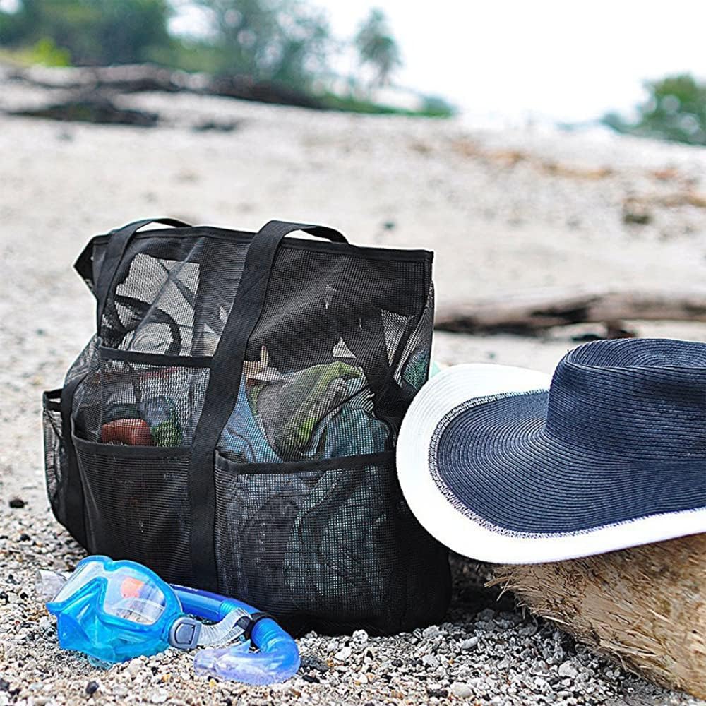 Foldable mesh beach tote with 9 pockets, a versatile travel and storage bag for vacation essentials & pool gear.