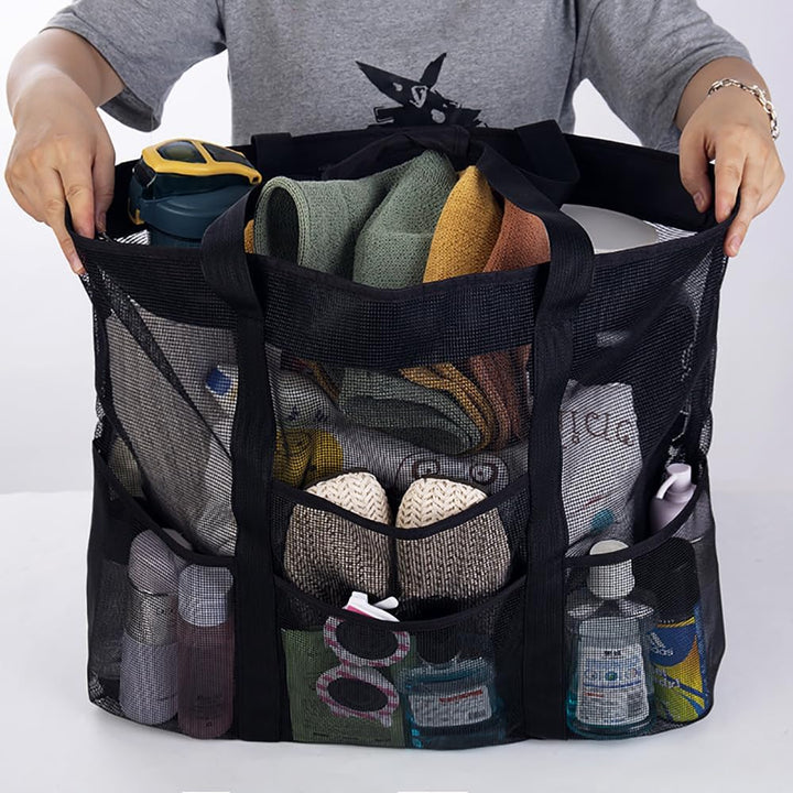 Large capacity unisex mesh beach bag, featuring 9 pockets for organized family beach outings & travel. Foldable design.