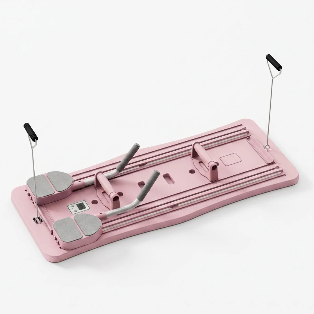 Portable Pilates reformer board with integrated resistance bands for versatile strength training at home.