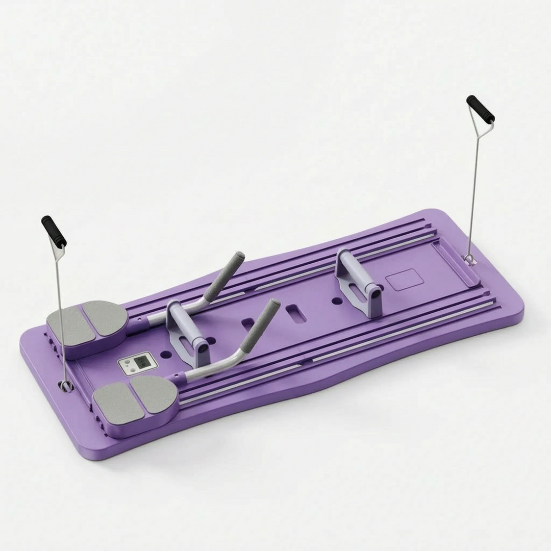 Home Pilates board with adjustable resistance bands for core & strength training. Unisex foldable design.