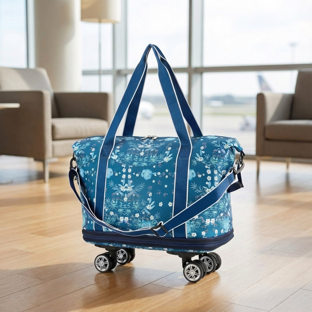 Unisex foldable rolling duffel bag for travel, expandable design & smooth spinner wheels.