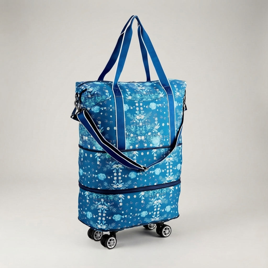 Foldable carry-on rolling duffel, space-saving design, perfect for unisex travel & easy storage.