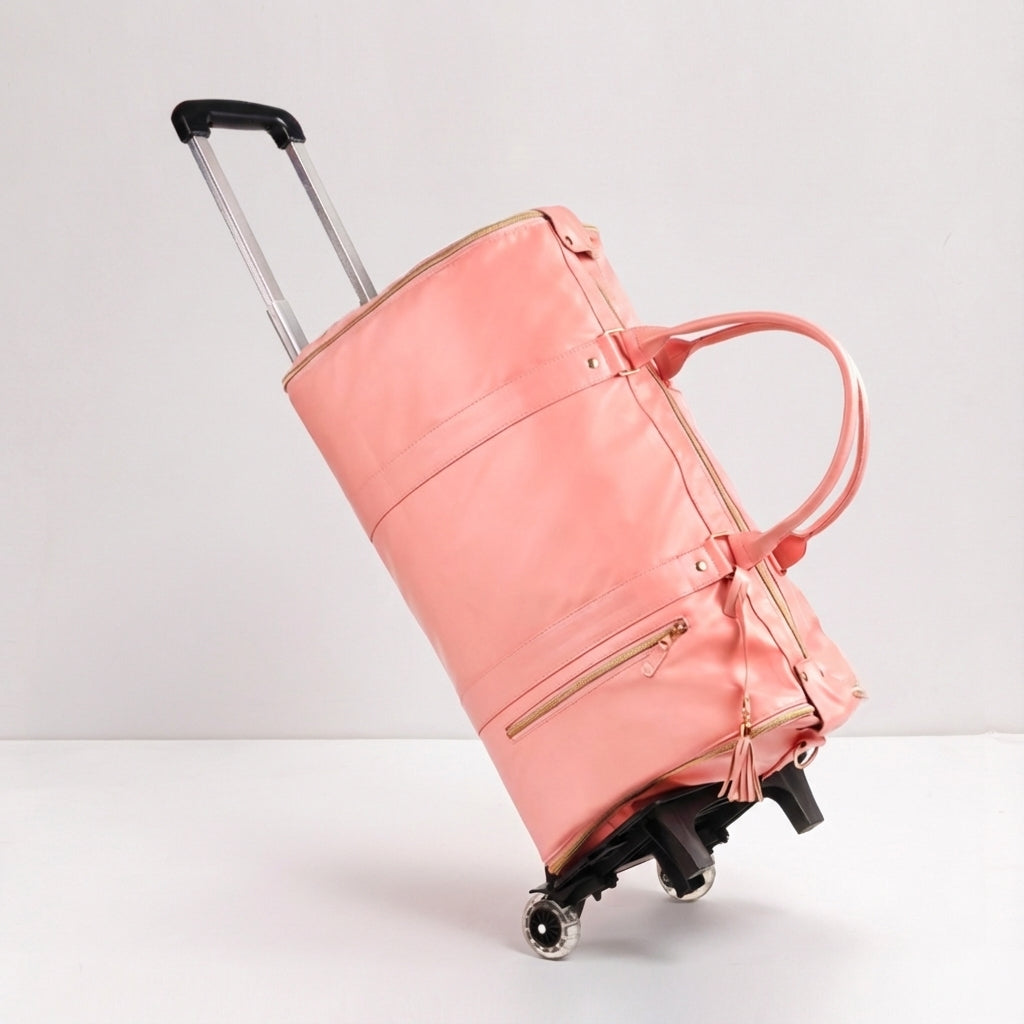 Large capacity foldable rolling duffel bag, perfect for weekend getaways.