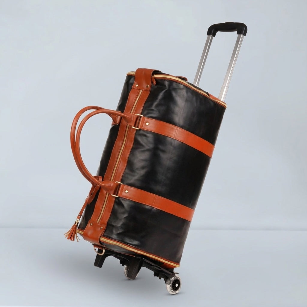 Waterproof foldable travel bag on wheels, protecting contents from unexpected spills.